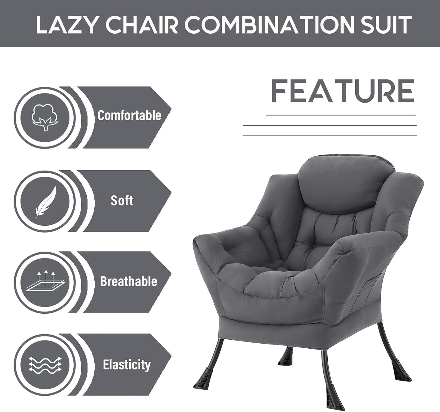 LITA Lazy Chair with Ottoman, Modern Accent Leisure Upholstered Sofa, Contemporary Lounge Reading Chair with Armrests and a Side Pocket for Living Room, Bedroom & Small Space, Single Dark Grey
