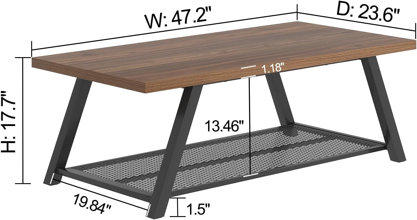 FOLUBAN Modern Coffee Table, Rustic Wood and Metal Center Table with Storage, Industrial Rectangle Cocktail Tea Table for Living Room, Walnut, 47 Inch