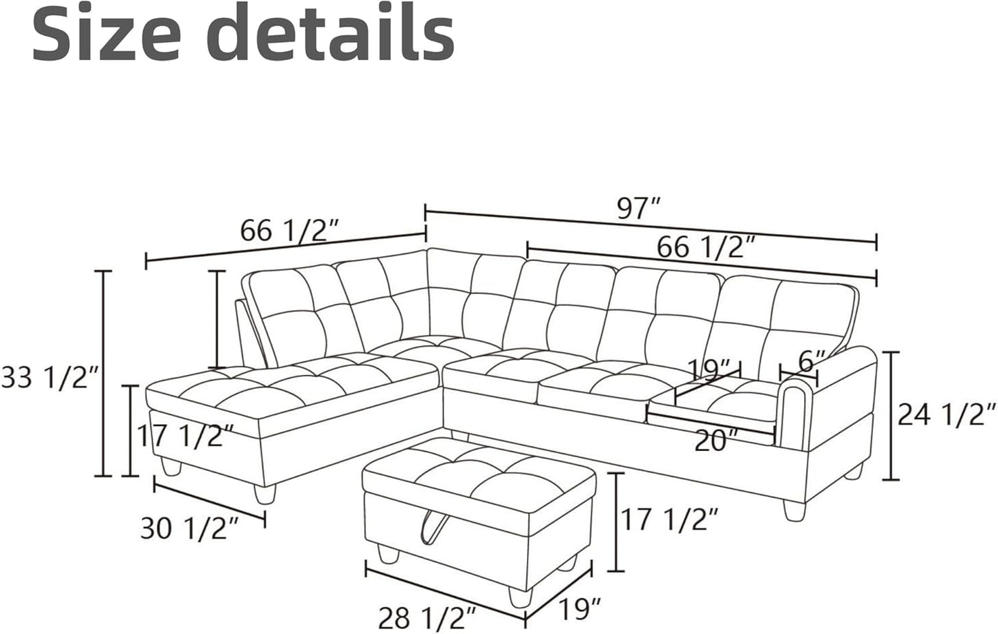 L Shaped Sectional Couches for Living Room, Modern Modular Sectional Sofa with Ottoman Storage, Comfy L Shaped Couch with Chaise for Bedroom Apartment Furniture, White