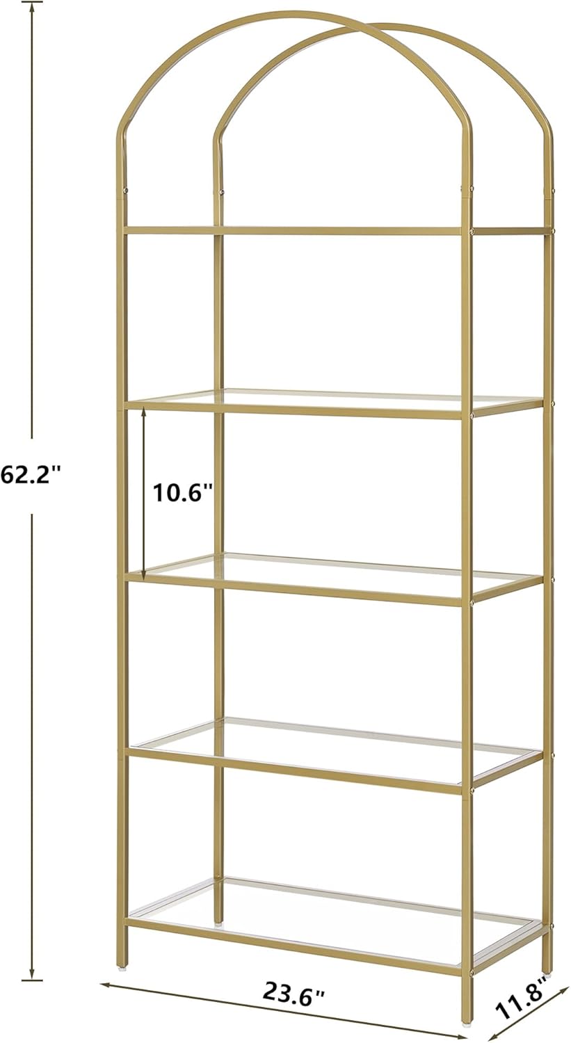 Homhedy Bookshelf Arched Display Racks,Metal Bookcase,Tempered Glass Shelves,Storage Rack Shelf for Home Office,Living Room,Bedroom, Bathroom,Modern Style (Golden, 11.8" D x 23.6" W x 62.2" H)