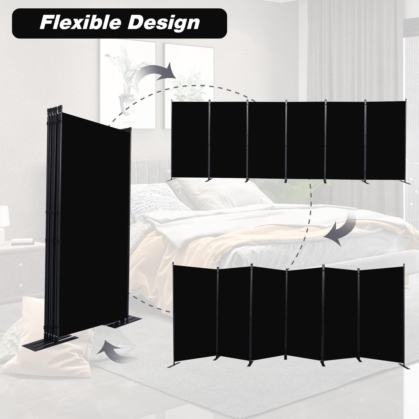 Room Divider, 6 Panel Folding Privacy Screens with Wider Support Feet, 6 Ft Portable Room Partition for Room Separator, 204" W X 71" H, Black