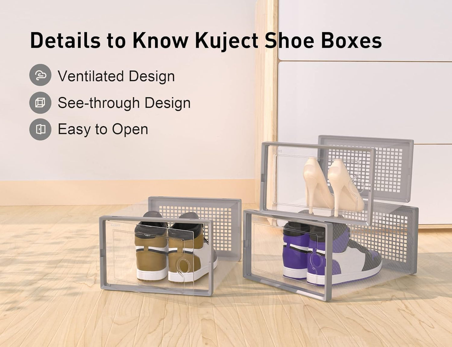 Kuject X-Large Shoe Storage Boxes Organizers Clear Plastic Stackable 12 Pack, Shoe Rack & Holder Substitute, Sneaker Containers, Toy Storage Organizer Bins for Entryway, Closet, Under Bed, Blue