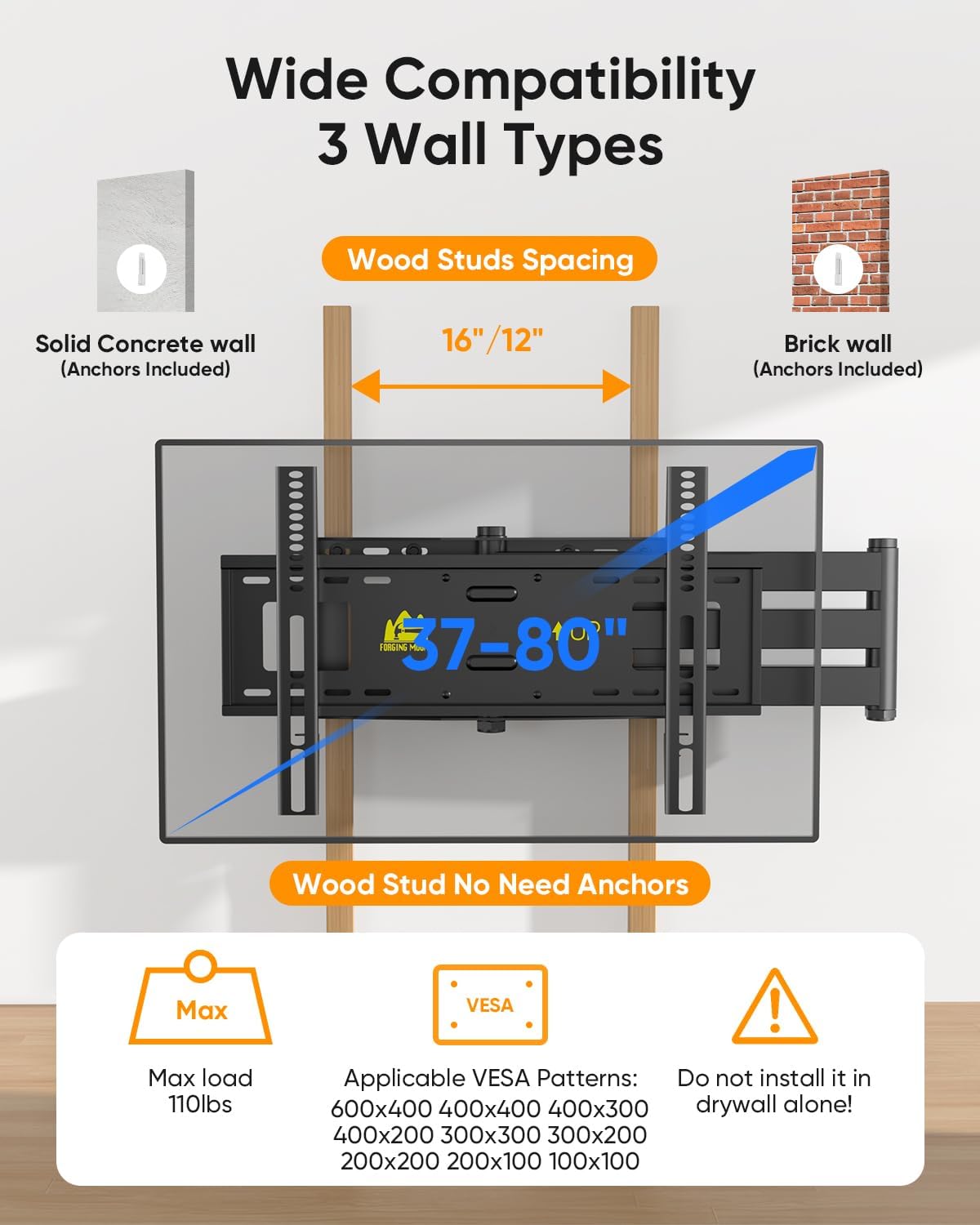 FORGING MOUNT 42 inch Long Arm TV Wall Mount with Power Strip, Full Motion Long Extension Articulating Corner TV Mount for 37 to 80 Inch Flat/Curve TVs, MAX VESA 600x400mm, Holds up to 110 lbs