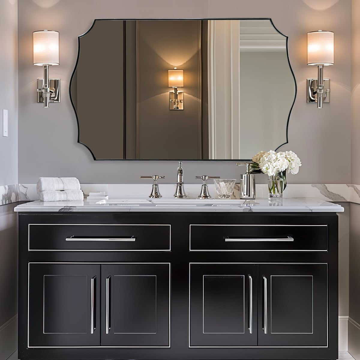 ANDY STAR 30x48 Inch Large Chrome Mirror, Polished Chrome Bathroom Mirror, Modern Rectangle Mirror with Wavy Design Ideal for Home Decor, Rust-Proof Stainless Steel Metal Frame