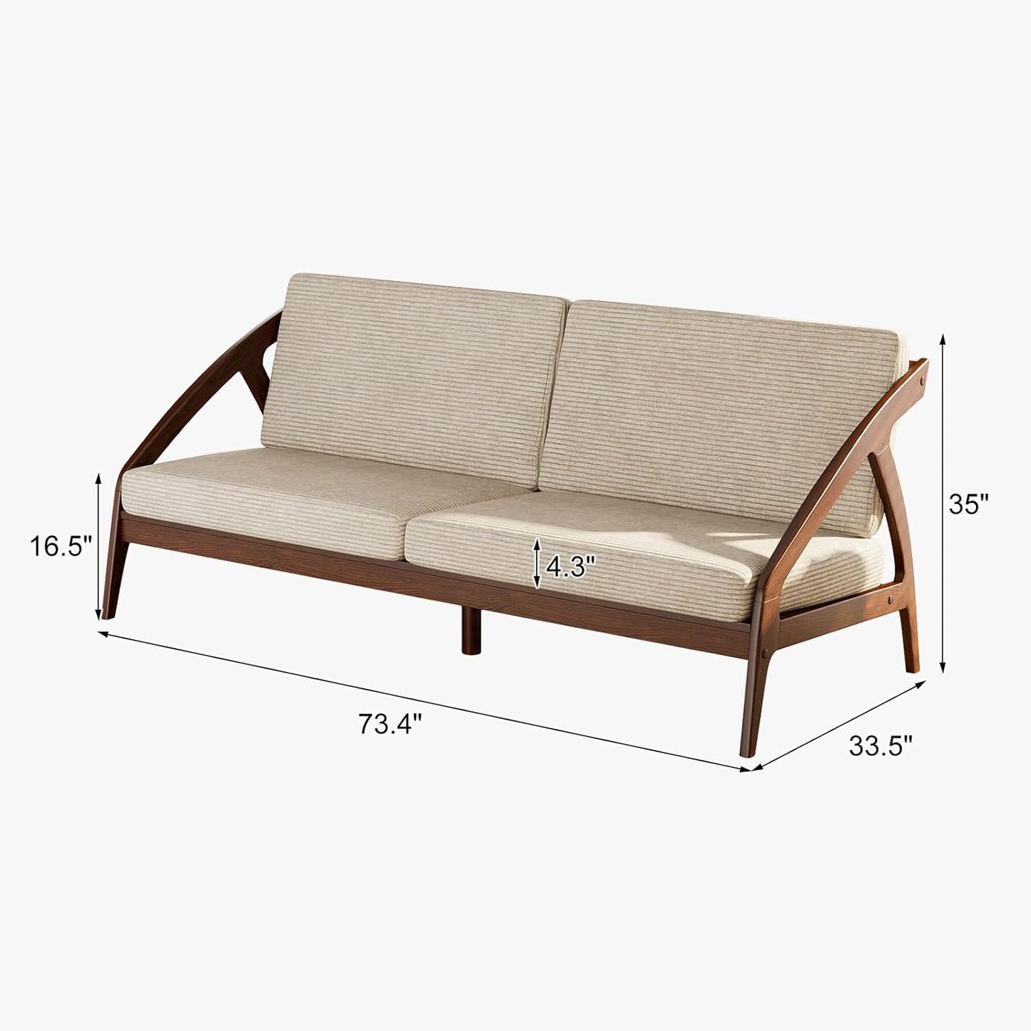 73.4" Solid Wood Upholstered Sofa, Comfortable Seat Cushion, White Waxwood Full Solid Wood Frame, Removable Cover, Suitable for Bedroom and Living Room, Easy to Assemble, Office Sofa