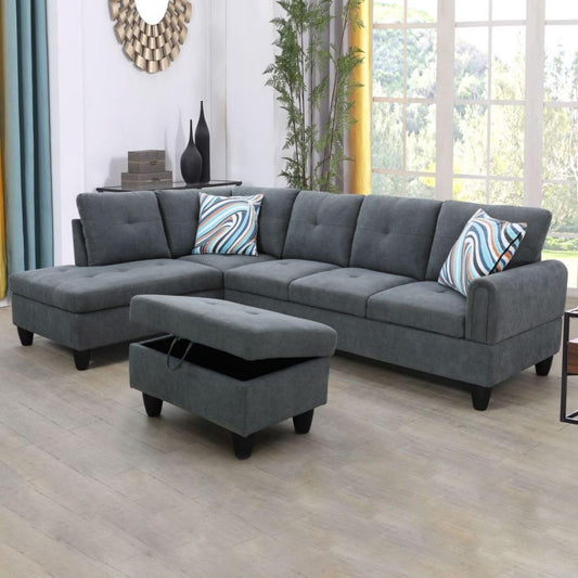 Dark Grey L-Shaped 3-Piece Flannel Sofa with Storage Ottoman Set, Sectional Couch Sofa Set for Living Room, Office, Small Space