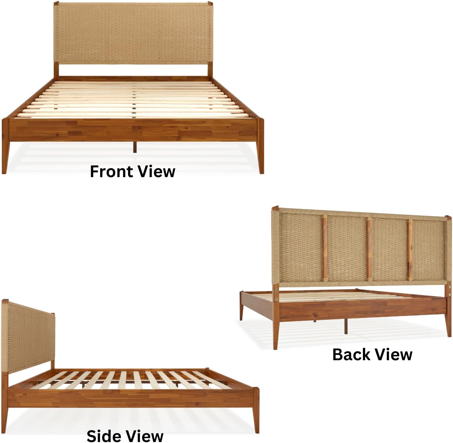 Bme Selina Headboard Queen Size Bed Frame - Handcrafted Paper Cord Headboard, 12-Slat Support, No Box Spring Needed - Easy Assembly, Caramel