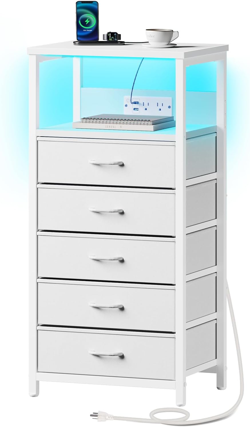 Seventable Night Stand with Charging Station, Tall Nightstand with 5 Fabric Storage Drawers, Side Table with LED Light for Bedroom, Entryway, White, Set of 2