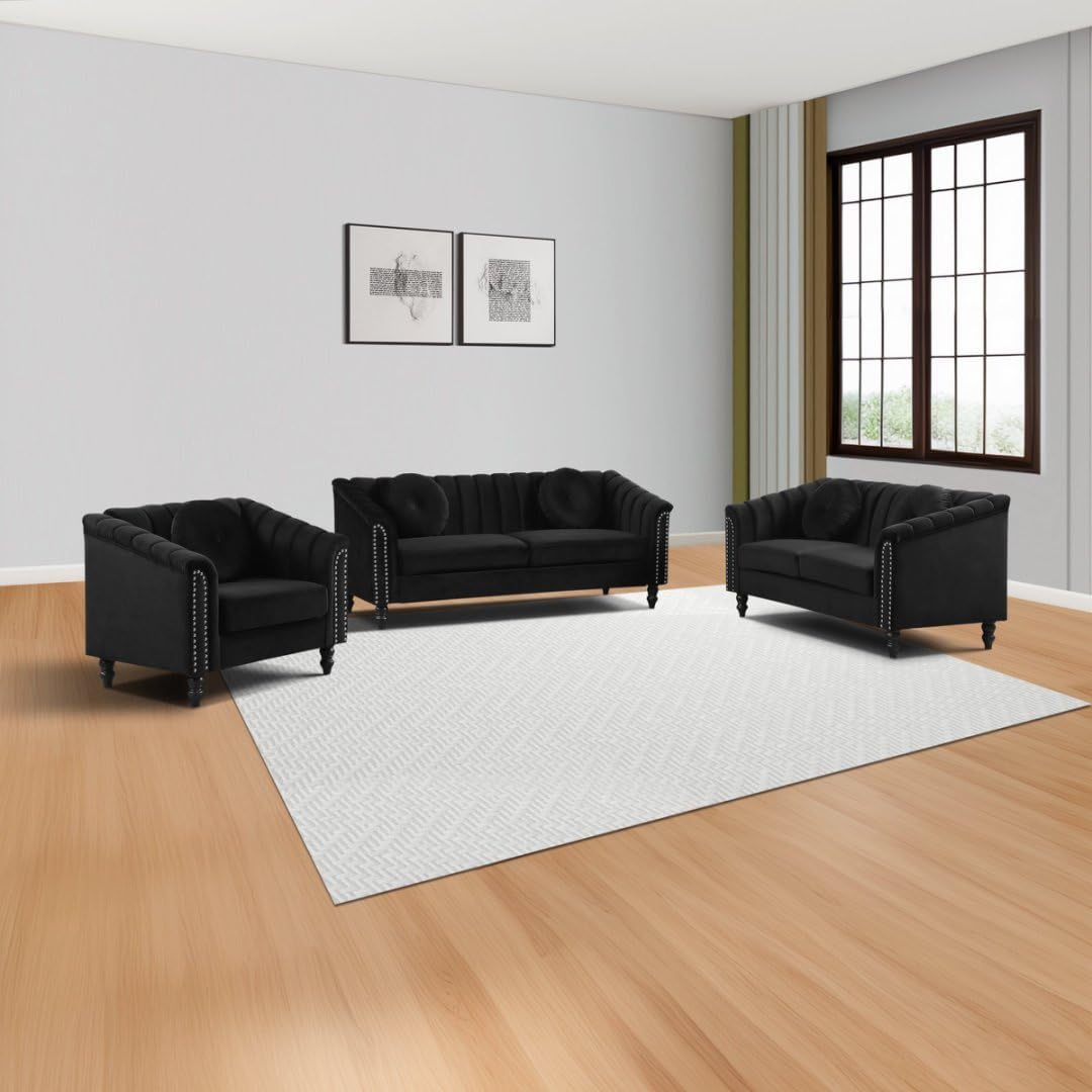 Sectional Sofa Set, Microfiber Chesterfield Upholstered Sofas Loveseat Couch Chair Sets with Style Button Tufted, Scroll Arms and Nailhead for Living Room, Office, Apartment-Black,S