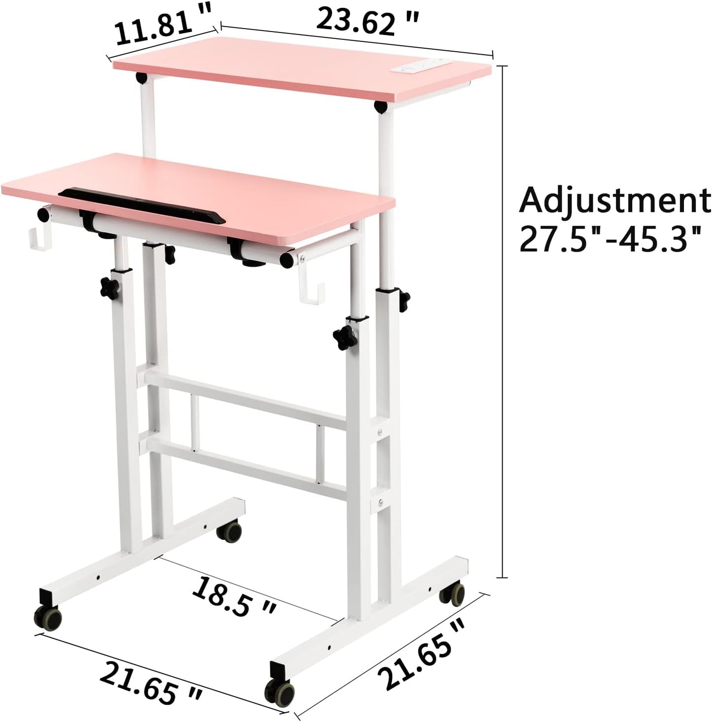 Hadulcet Mobile Standing Desk with Charging Station, Adjustable Standing Computer Desk, Standing Adjustable Laptop Cart with Wheels for Home Office Classroom, Pink