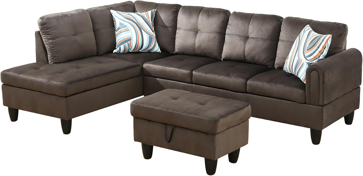 Osparple L Shaped Couch Sectional Couches for Living Room Upholstered Flannel 3 Pieces Modular Sectional Sofa with Chaise, Ottoman with Storage for Living Room and Small Apartment, Dark Brown