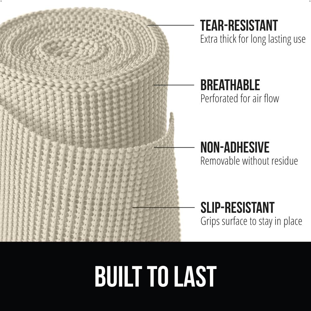 GORILLA GRIP powerGRIP Drawer Shelf and Cabinet Liner, Thick Strong Hold, Non-Adhesive Liners Protect Kitchen Cabinets and Cupboard, Bathroom Drawers, Easy Install, Breathable Mat, 12" x20', Cream