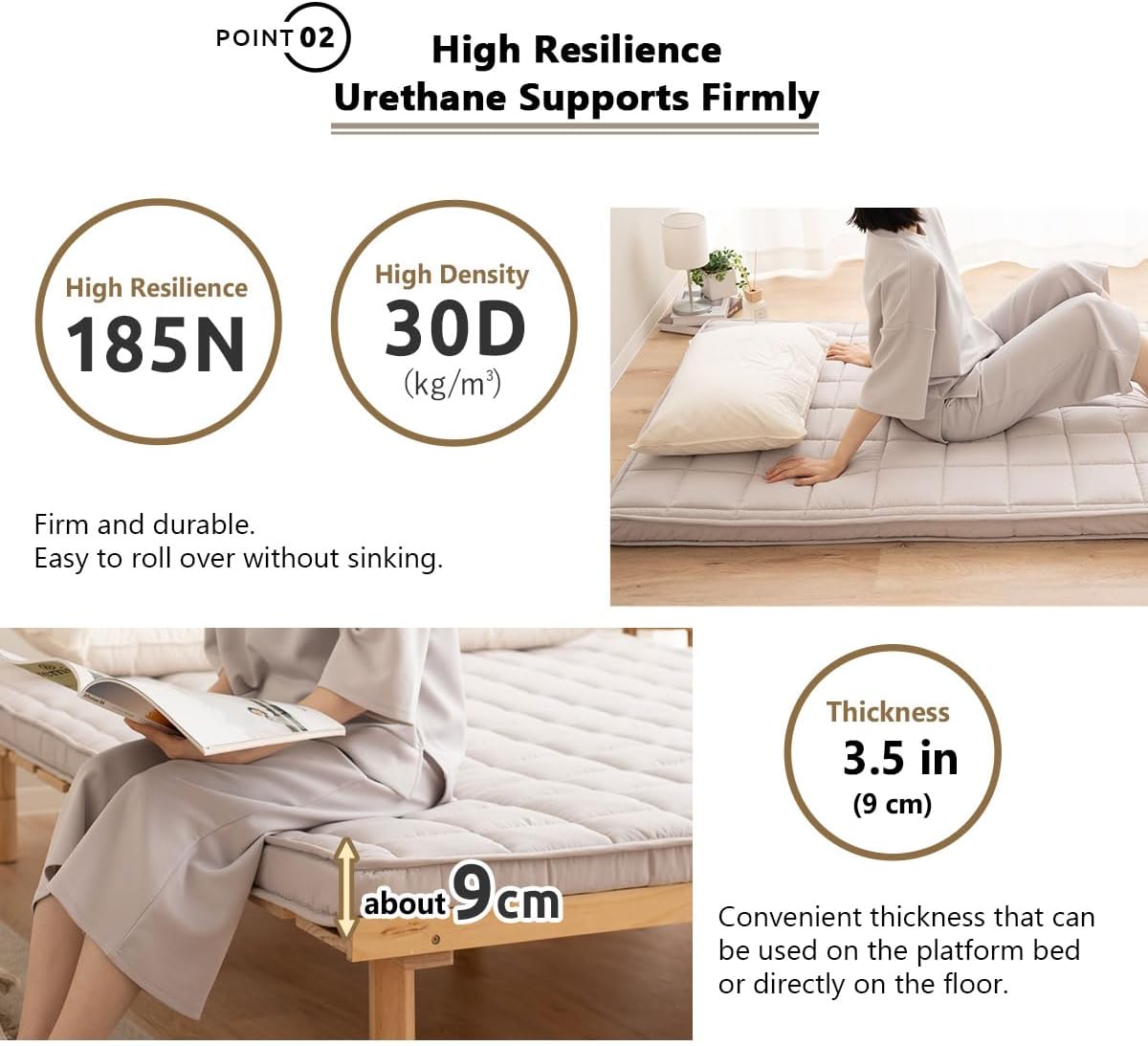 EMOOR Japanese Padded Futon Mattress Machi Twin Gray, Gusset Foldable Storable Elastic Bands Floor Sleeping Guest Bed Tatami Mat
