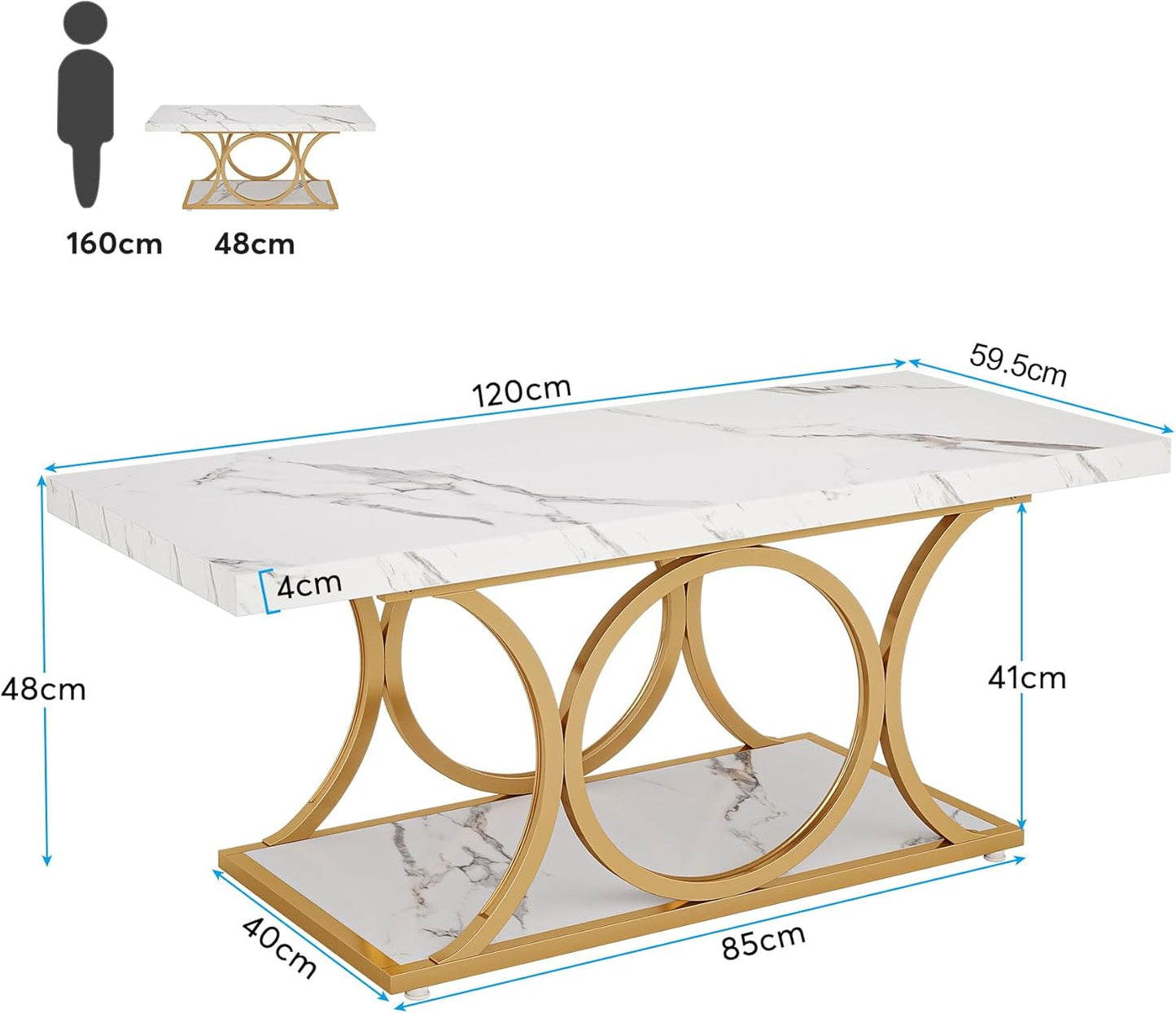 Tribesigns Rectangle Coffee Table, 46.45-inch Modern Coffee Tables for Living Room, 2-Tier Faux Marble Wood Coffee Table with Geometric Legs, Furniture with Storage Shelf (White & Gold)