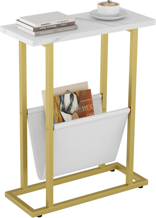 Yusong Narrow Side Table for Small Spaces, Small End Table with Magazine Holder, Skinny Slim Little Thin Table for Living Room, Bedroom, Sofa, White and Gold