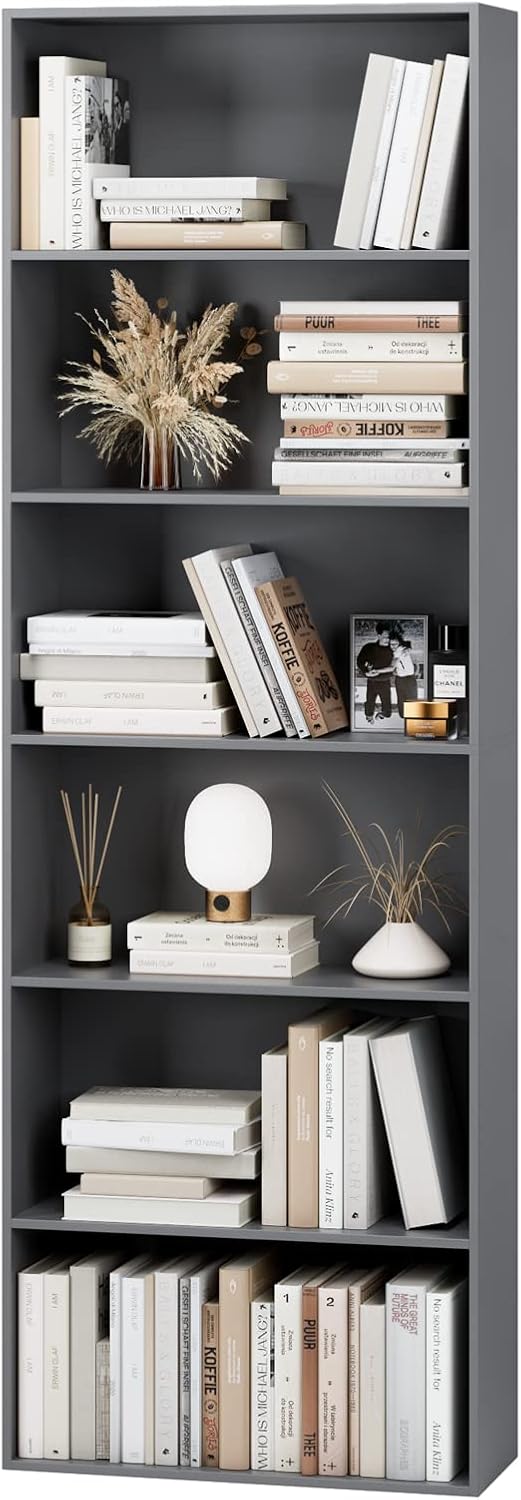 FOTOSOK 6-Tier Open Bookcase and Bookshelf, Freestanding Display Storage Shelves Tall Bookcase for Bedroom, Living Room and Office, Dark Gray