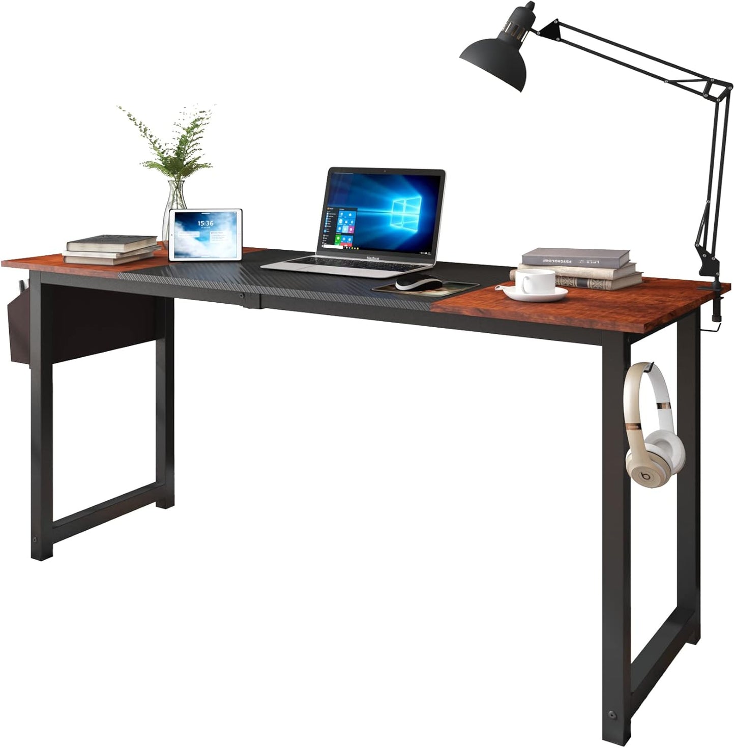 Decoholic 63 Inch Home Office Computer Two-Color Panel Desk with Storage Bag and Hook, Black, Sandalwood Color, Industrial Modern Laptop Desk