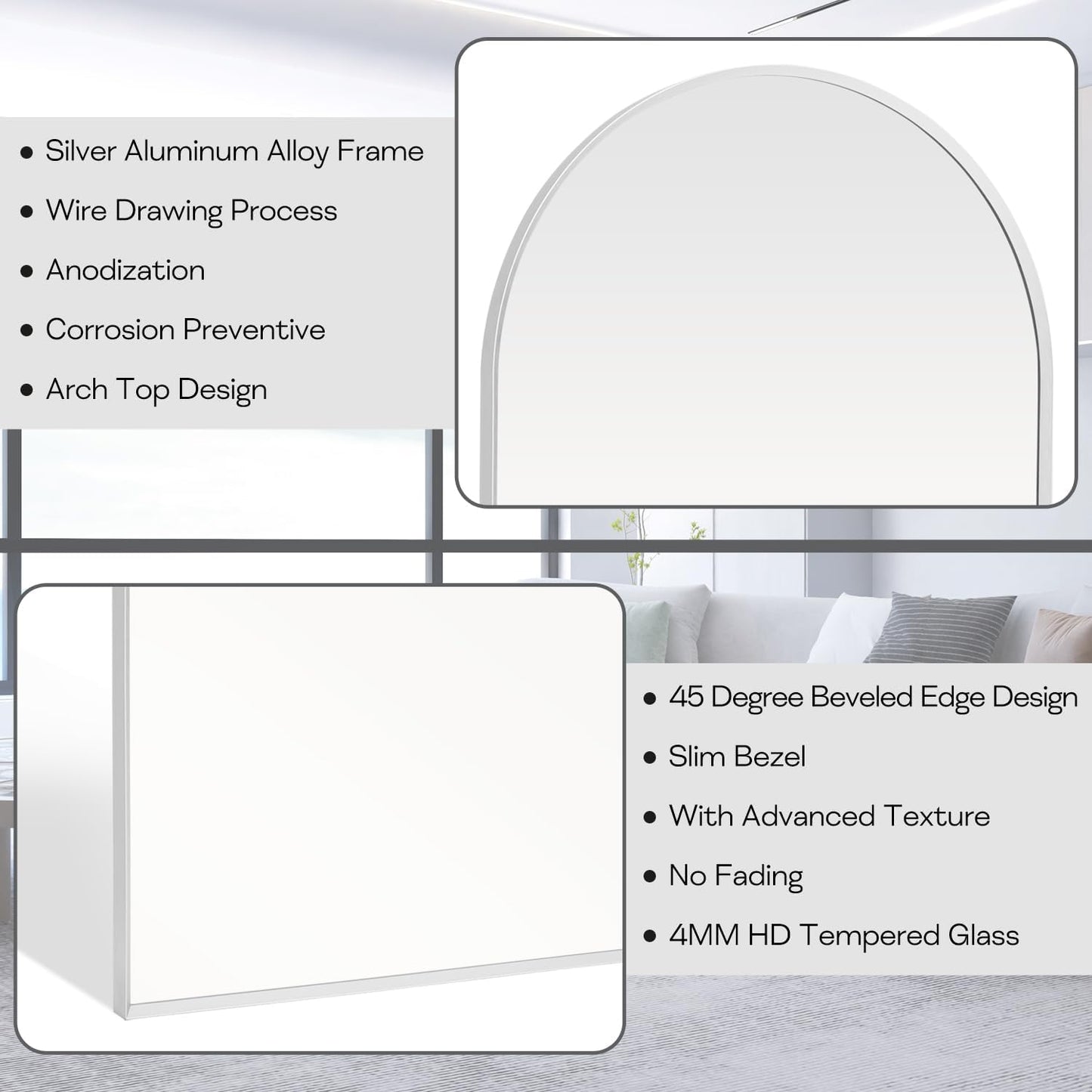 24" x 36" Silver Arched Mirror, Modern Aluminum Alloy Metal Frame, Arch Bathroom Vanity and Wall Decor Mirror for Bathroom, Living Room, Bedroom, Entryway