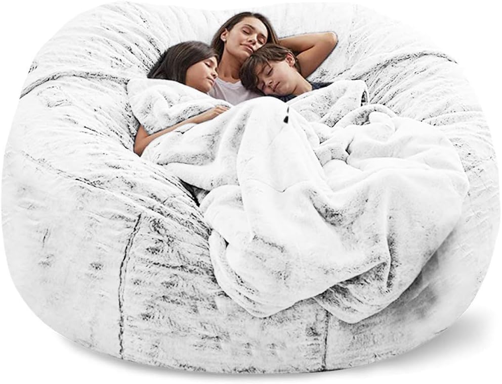 Giant Fur Bean Bag Chair Cover for Kids Adults, (No Filler) Living Room Furniture Big Round Soft Fluffy Faux Fur Beanbag Lazy Sofa Bed Cover (Snow Black, 7FT)