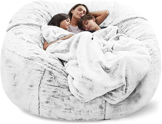 Giant Fur Bean Bag Chair Cover for Kids Adults, (No Filler) Living Room Furniture Big Round Soft Fluffy Faux Fur Beanbag Lazy Sofa Bed Cover (Snow Black, 7FT)