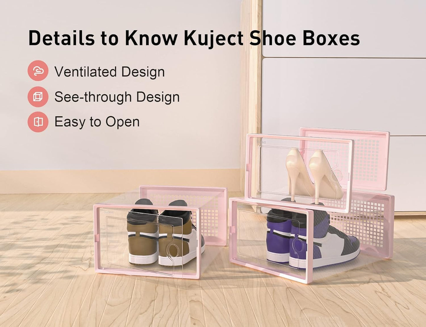 Kuject X-Large Shoe Storage Boxes Organizers Clear Plastic Stackable 12 Pack, Shoe Rack & Holder Substitute, Sneaker Containers, Toy Storage Organizer Bins for Entryway, Closet, Under Bed, Pink
