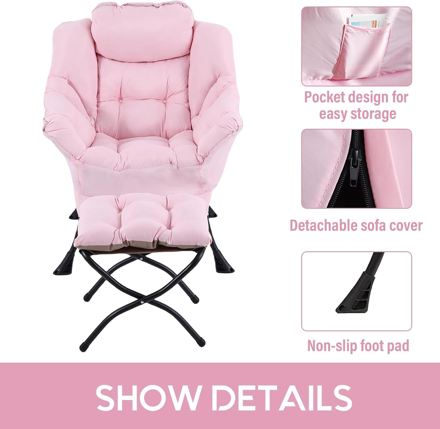 LITA Lazy Chair with Ottoman, Modern Accent Leisure Upholstered Sofa, Contemporary Lounge Reading Chair with Armrests and a Side Pocket for Living Room, Bedroom & Small Space, Pink