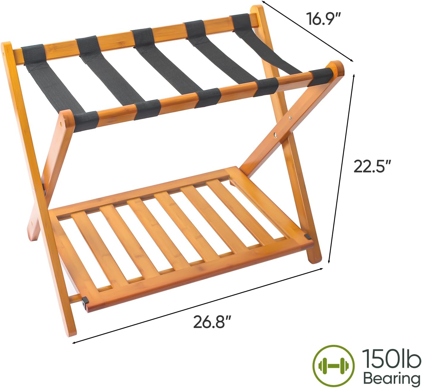 Pack of 2 Fully Assembled Bamboo Luggage Racks with Shoe Shelf, 5 Heavy-Duty Straps Folding Suitcase Stand, Luggage Holders for Guest Room Must Haves, Ideal for Bedroom, Hotel, Honey Oak