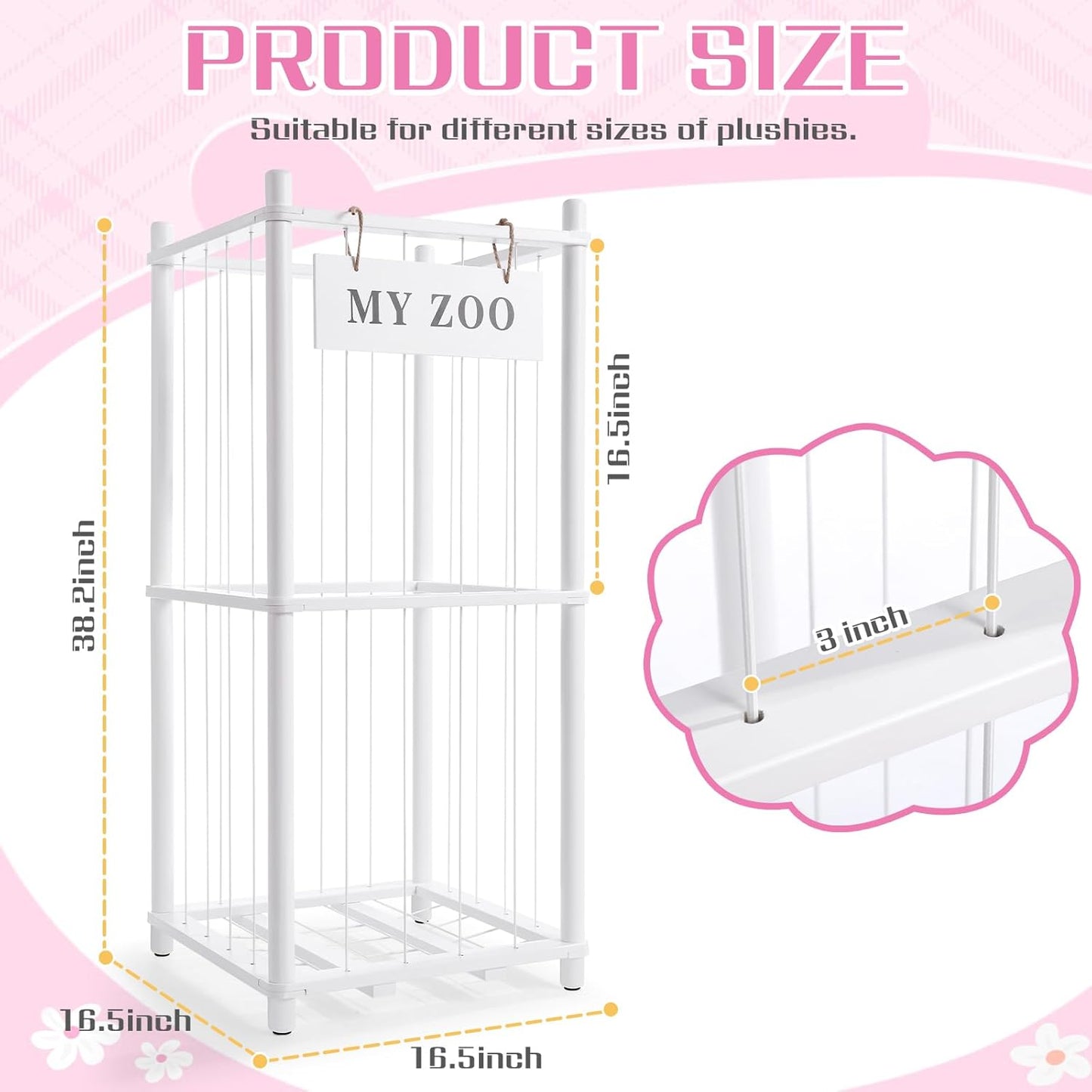 Stuffed Animal Storage Zoo, Wooden Stuffed Animal Organizer with Elastic Cords for Boys Girls, Space Saving Toy Plushies Storage Holder for Playroom, Bedroom, Living Room (White, Small)