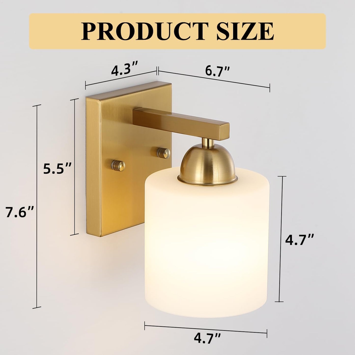 Gold Milk Glass Wall Sconces, 1 Pack Hardwired Indoor Wall Light Fixtures for Living Room, Hallway, Bedroom, Ceramic E26 Sockets (Bulbs Not Included)