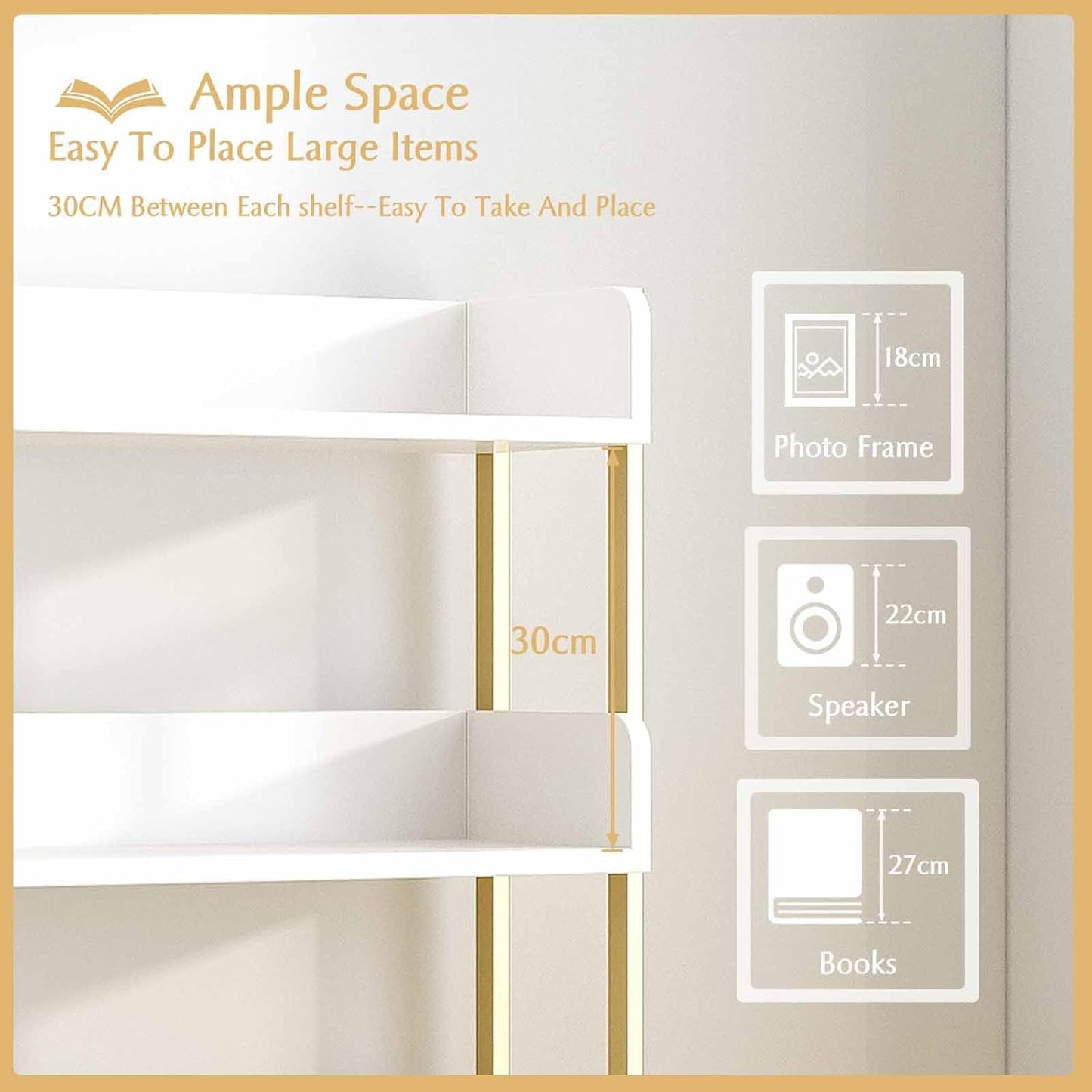 Wide Open Shelf Bookcase - Modern 3-Tier Floor Standing Display Bookshelf with Three-Side Panels for Home and Office, Storage Shelving in Warm White with Gold Frame