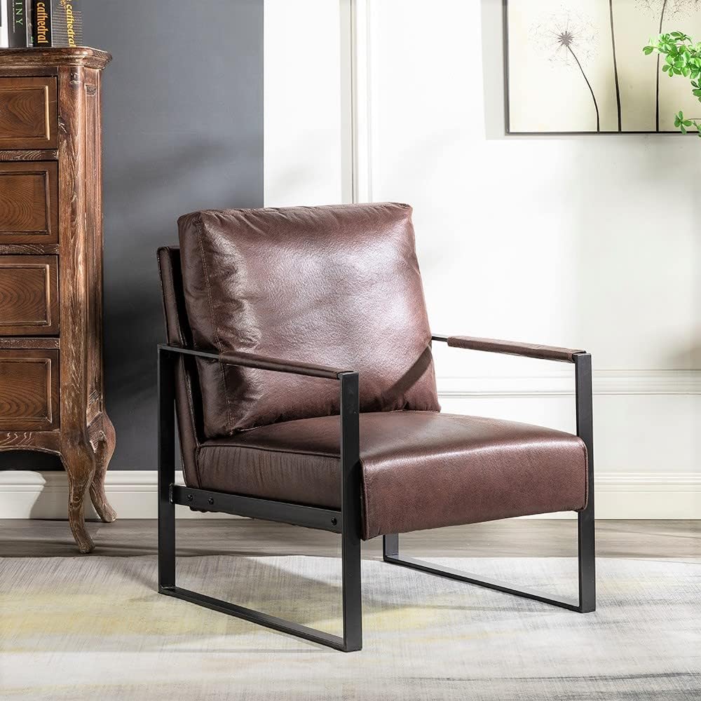 Container Furniture Classic Mid Century Modern Accent Chair with Durable Square Metal Frame, Armchair for Living Room, Bedroom, Home Office in Spotted Microfiber Upholstery, Dark Brown