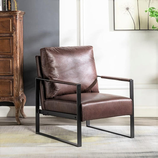 Container Furniture Classic Mid Century Modern Accent Chair with Durable Square Metal Frame, Armchair for Living Room, Bedroom, Home Office in Spotted Microfiber Upholstery, Dark Brown