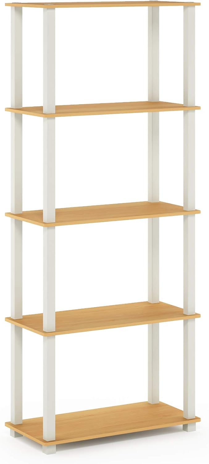 Furinno Turn-N-Tube 5-Tier Multipurpose Shelf / Display Rack / Storage Shelf / Bookshelf, Square Tubes, Beech/White