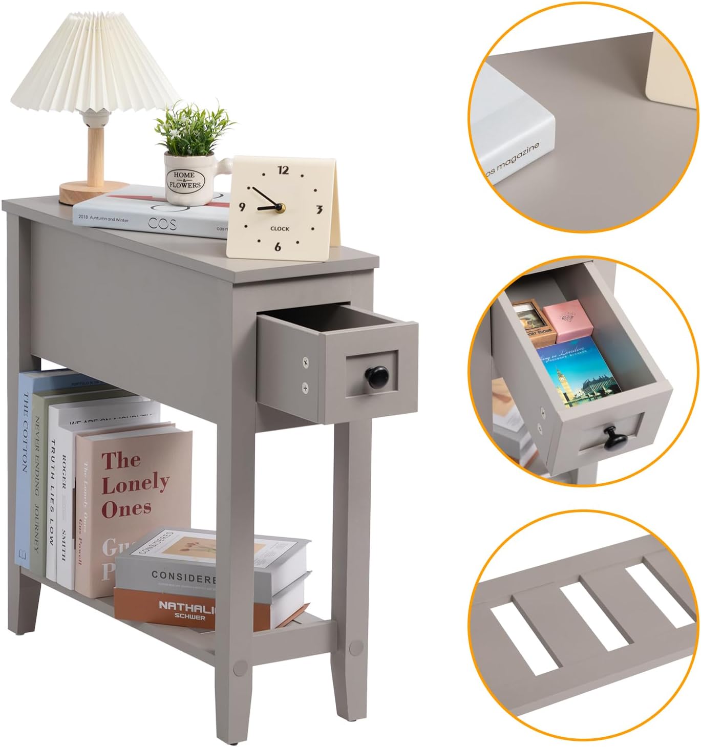 Gery 2 Pack Chairside Narrow End Table with Drawer, Solid Recliner Side Table with Storage Shelf, Slim Nightstand Bedside Table for Bedroom