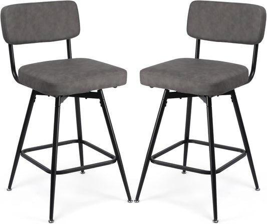 Swivel Counter Height Bar Stools Set of 2, Faux Leather Bar Stools with Back, Metal Legs and Footrest, 26" Seat Height Barstools for Kitchen Islands and Home Bars, Easy Assembly, Grey&Black