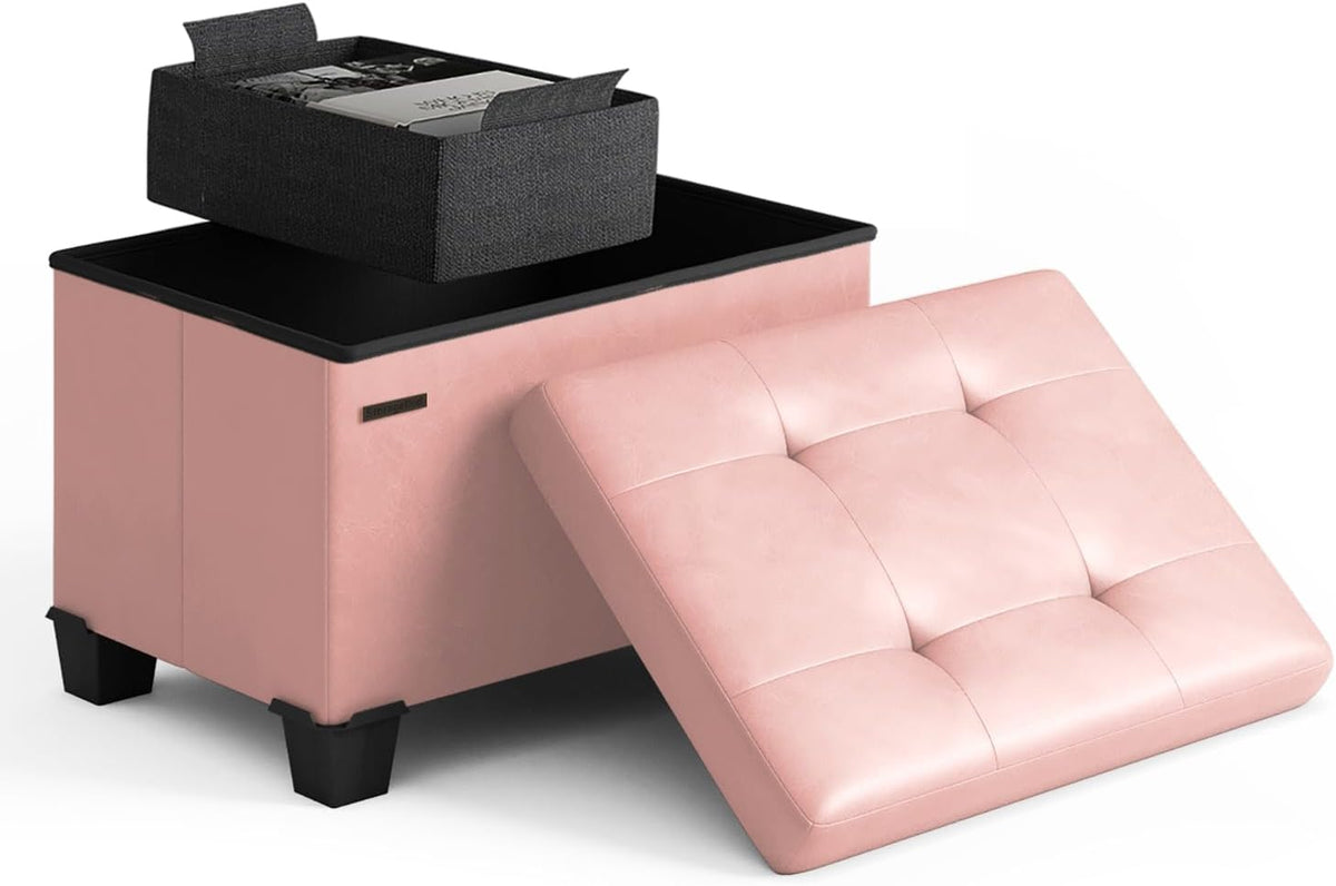 STORAGEBUD Storage Ottoman Cube with Small Bin, 16-in Square Ottoman with Storage for Living Room and Bedroom, Small Ottomans Foot Rest, Faux Leather Foot Stools Ottomans Max 330lbs, Pink
