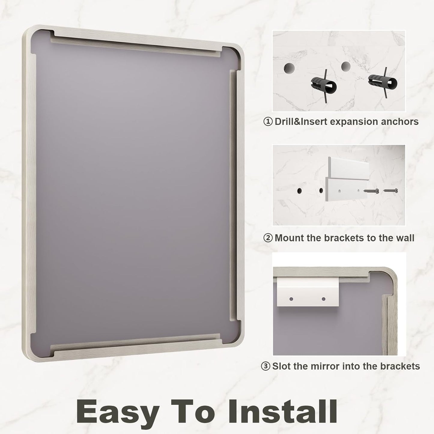20x30 Inch Brushed Nickel Bathroom Mirror, Brushed Silver Metal Framed Wall Mirror, Rounded Corner Rectangle Modern Vanity Mirror, Tempered Glass, Anti-Rust, Shatterproof (Horizontal/Vertical)