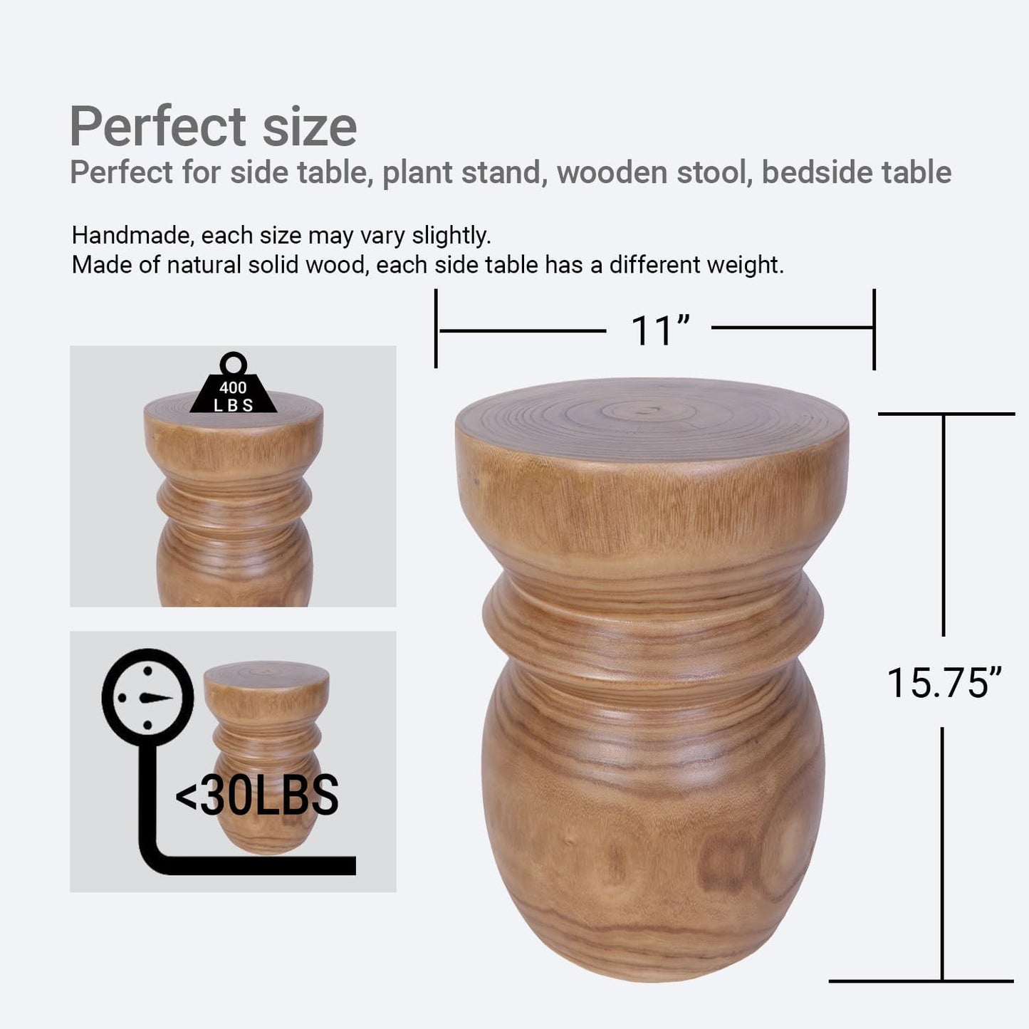 Handcrafted Tree Stump Accent Table 15.75" H Small Solid Paulownia Wood Stool/Side Table, Unique Rustic Farmhouse Decor, Ideal for Patio, Balcony, Bedroom