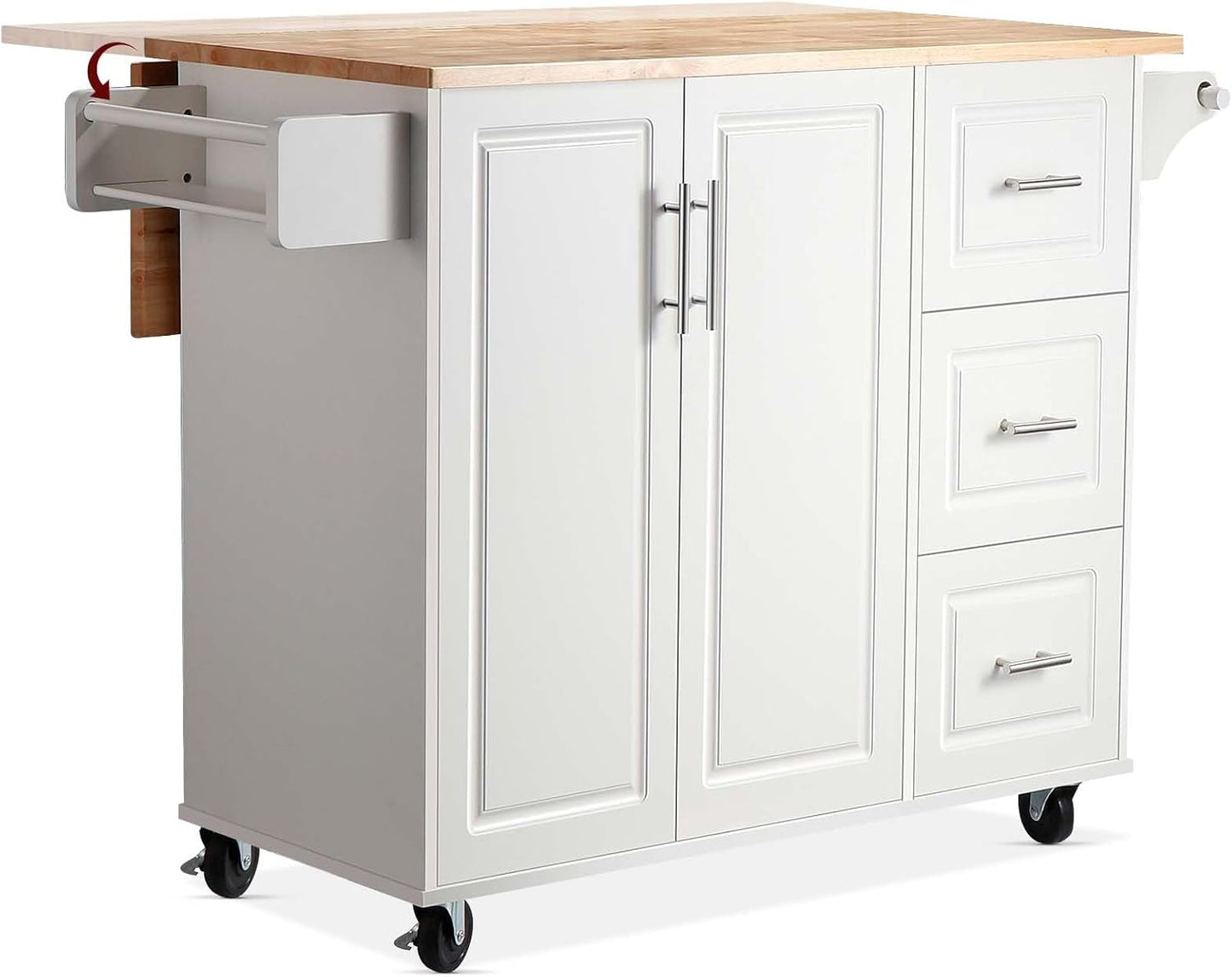 54" Rolling Kitchen Island Cart with Storage, Large Kitchen Cart Cabinet with Folding Drop Leaf Breakfast Bar, Wood Island Table with 3 Drawers and Spice Rack & Towel Rack, White
