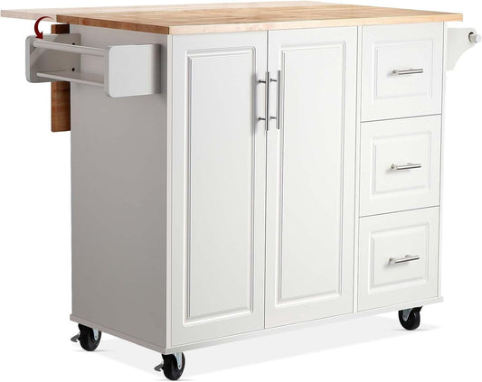 54" Rolling Kitchen Island Cart with Storage, Large Kitchen Cart Cabinet with Folding Drop Leaf Breakfast Bar, Wood Island Table with 3 Drawers and Spice Rack & Towel Rack, White