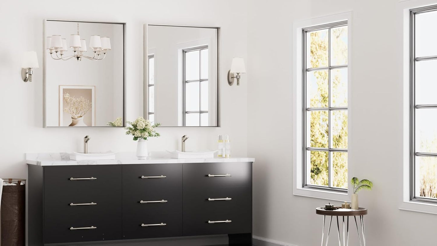 Keonjinn Brushed Nickel Bathroom Mirror for Wall 28 x 36 in, Rectangular Metal Framed Silver Mirror for Vanity Square Corner Aluminum Alloy Rectangle Modern Mirror for Over Sink(Horizontal/Vertical)