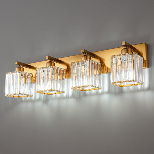 Modern Vanity Light 4-Lights Modern Gold Brushed Brass Finish Crystal Wall Light Bathroom Vanity Light Fixtures