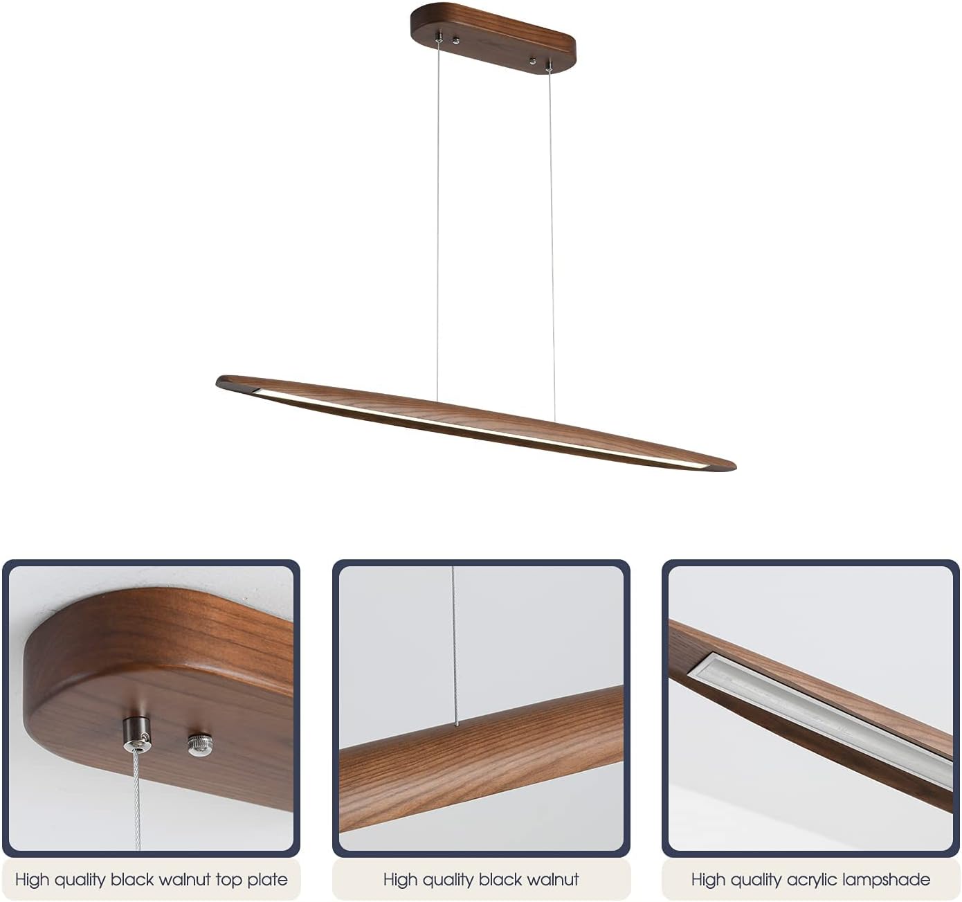 71" Wood Linear Pendant Light Wood Linear Dinning Room Light Island Lights LED Dimmable Chandelier 40w for Dining Room Billiard & Pool Table Walnut Color