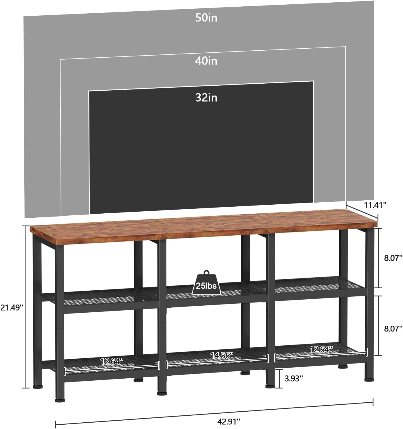 Furologee TV Stand, Small Media Console Table with 3-Tier Storage Shelves, Industrial Entertainment Center for TVs up to 50 Inch, Television Stands for Living Room, Bedroom, Rustic Brown
