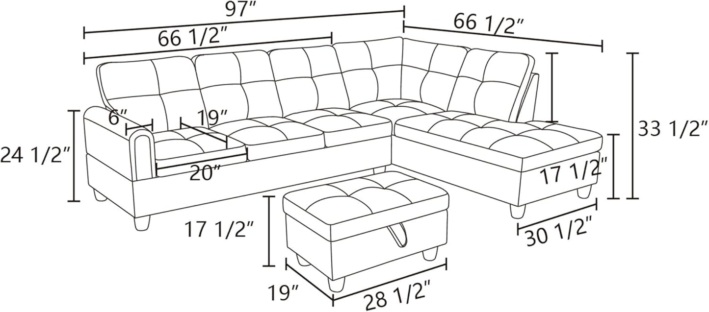 L Shaped Sectional Sofa with Ottoman, Modern Couches for Living Room, Microfiber Facing, Bedroom, Office