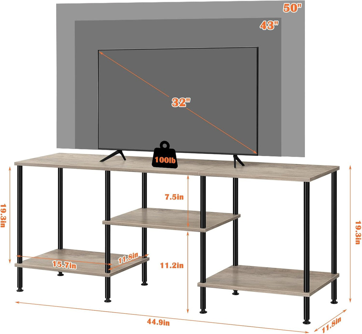 50 Inch TV Stand for Bedroom Rustic Grey Entertainment Center with Storage 3 Tier TV Consoles for Living Room TV Console Table Media Cabinet with Open Storage Shelves for 50 43 40 32 Inch TV