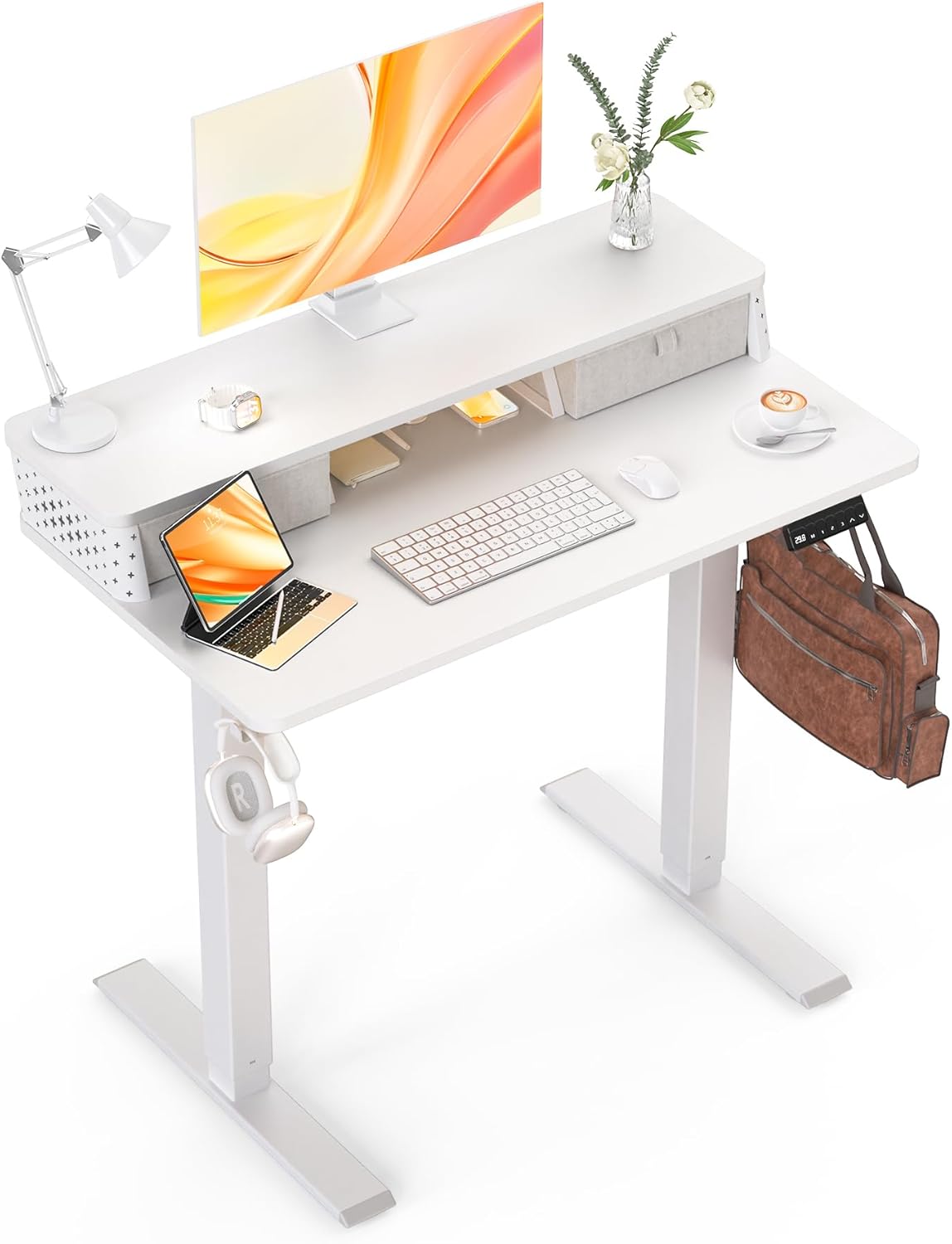 Small Standing Desk with Drawers and Brushless Motor,Electric Sit Stand Desk for Walking Pad,Ergonomic Stand Up Desk for Home Office & Gaming,3 Memory Height Preset & Hooks(35" x 20",White)