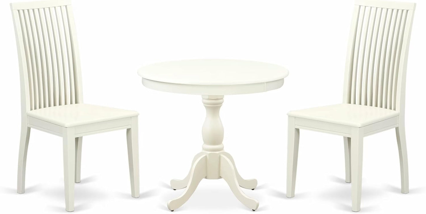 East West Furniture AMIP3-LWH-W 3 Piece Dining Room Table Set Contains a Round Kitchen Table with Pedestal and 2 Dining Chairs, 36x36 Inch, Linen White