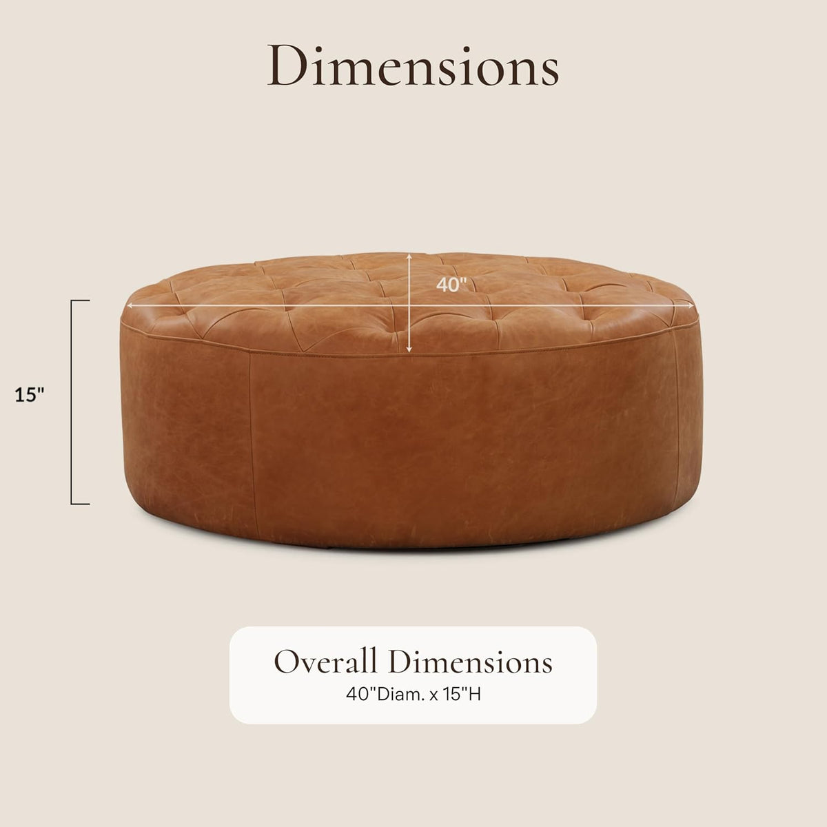 Poly & Bark Ascot Ottoman – 40" Round Pouf with Feather-Down Topper – Full-Grain Leather Upholstered Pouf Ottoman for Living Room – Vintage Italian Leather in Cognac Tan