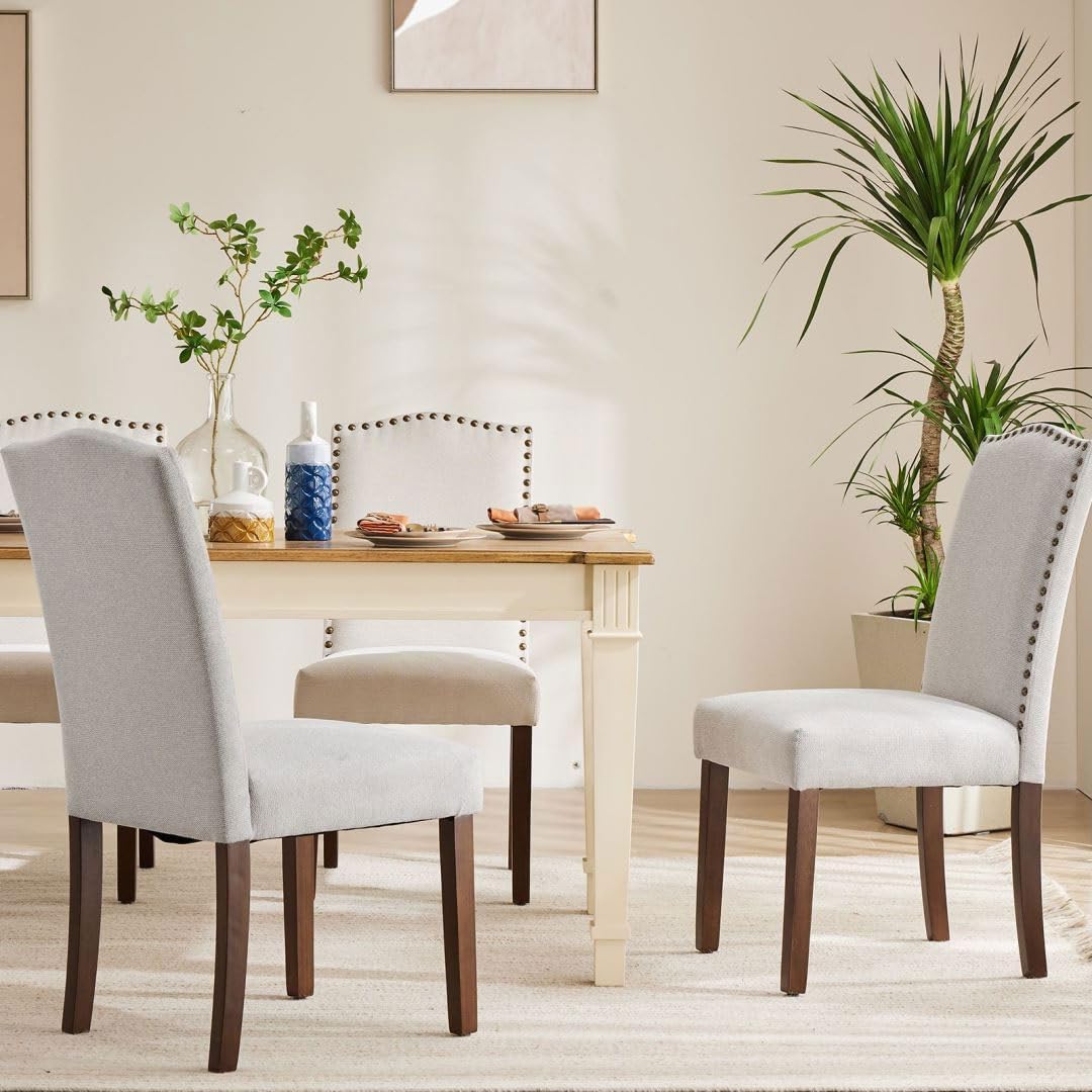 Kitchen Chairs Set of 6 Modern Upholstered Fabric Seat with Nailhead Trim and Ergonomic Lumbar Support for Living Room and Rustic Farmhouse Dining Area, Grey